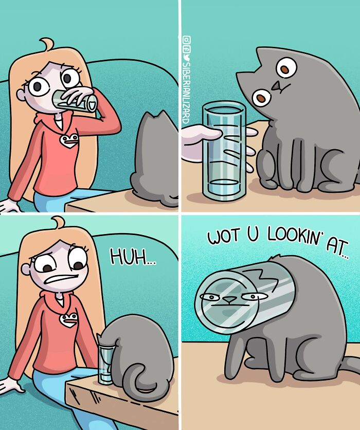 Cartoon showing life with two ferrets and a cat, featuring a girl and a cat with its head stuck in a glass cup.
