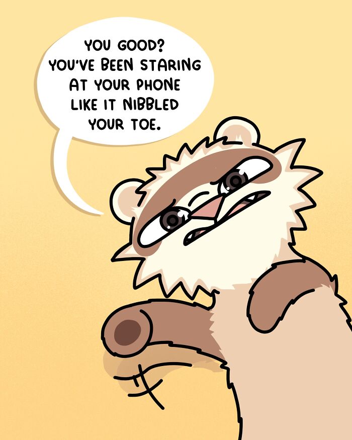 Cartoon ferret from artist documents living with two ferrets and a cat, speaking about staring at a phone.