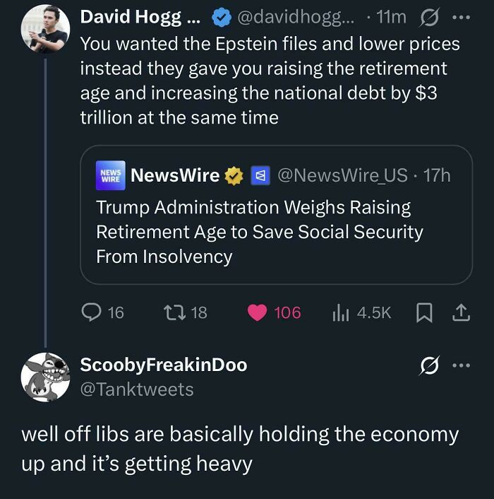 Aged Like Wine social media screenshot of tweet quoting NewsWire about raising retirement age with reply mocking libs