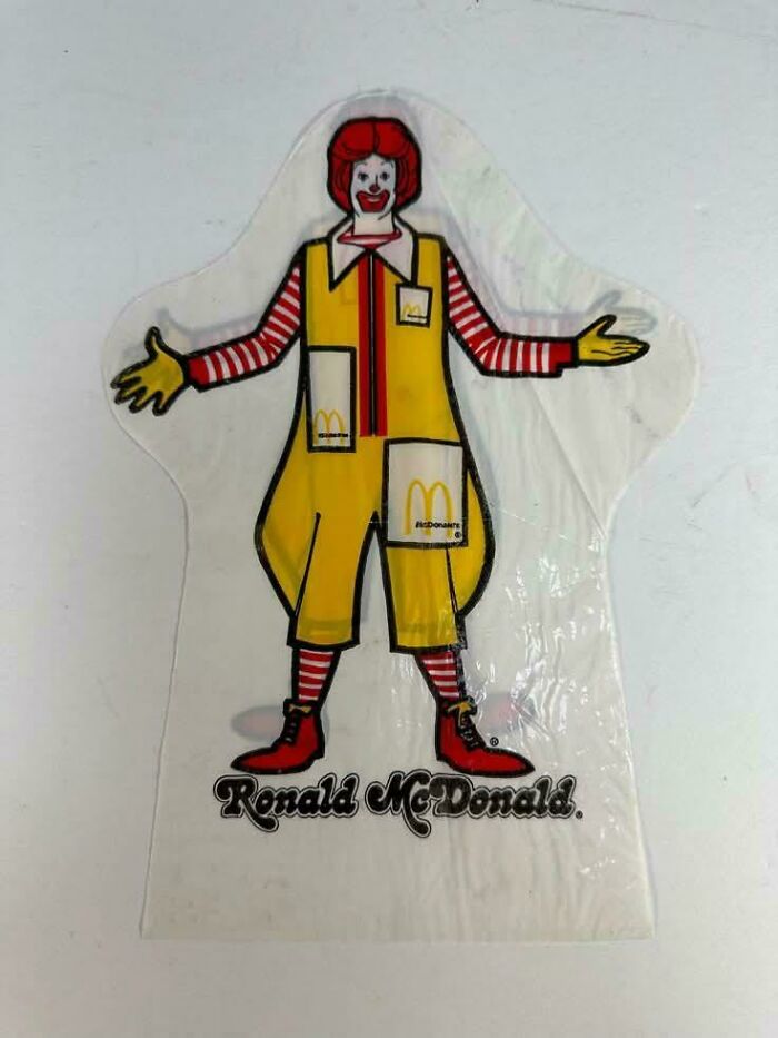 Vintage Ronald McDonald illustration on a plastic sheet, evoking nostalgia to make you feel old as heck.