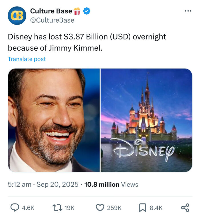 Tweet highlighting a bold statement about Disney's financial loss by Jimmy Kimmel, part of bold tweets collection.