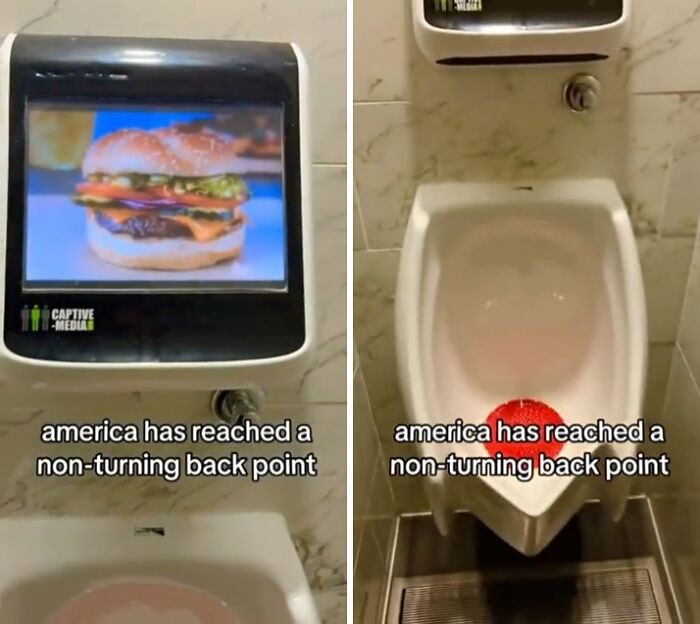 Urinal with digital advertisement showing a burger in a public restroom, reflecting dystopian real-life scenes in the US.