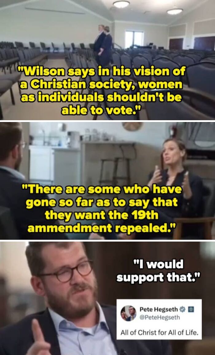 Man discusses repealing the 19th Amendment and restricting women's voting rights in a dystopian US scene.