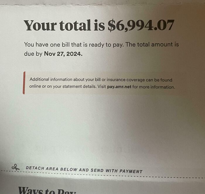 High medical bill totaling $6,994.07 with due date illustrated as a real-life dystopian scene in the US.