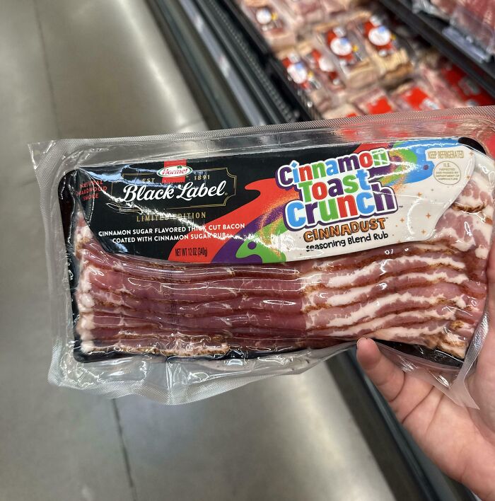 Packaged cinnamon sugar flavored bacon held in a grocery store aisle, illustrating dystopian nightmare scenes in the US.