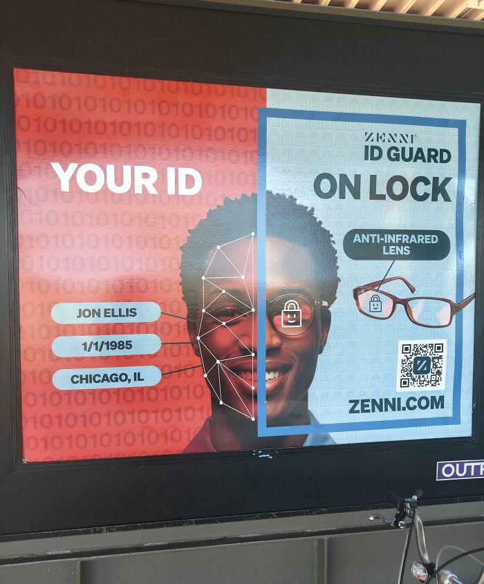 Advertisement showing facial recognition and ID guard glasses with anti-infrared lens in a dystopian nightmare concept.