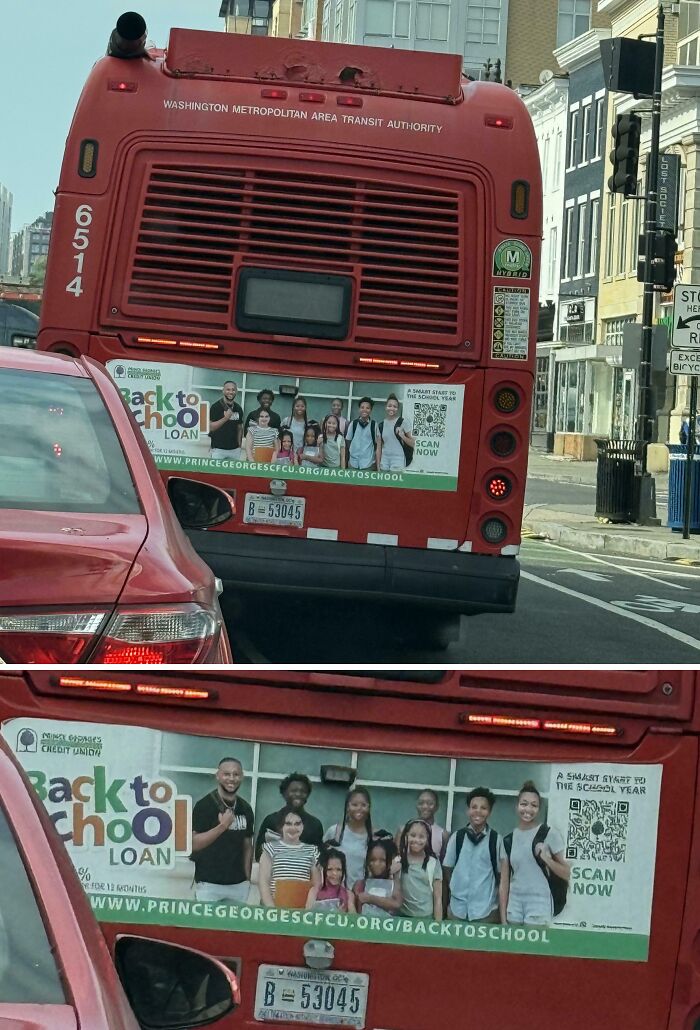 Red Washington Metropolitan Area Transit bus with back to school loan ad showing diverse kids in classrooms, urban US street scene.