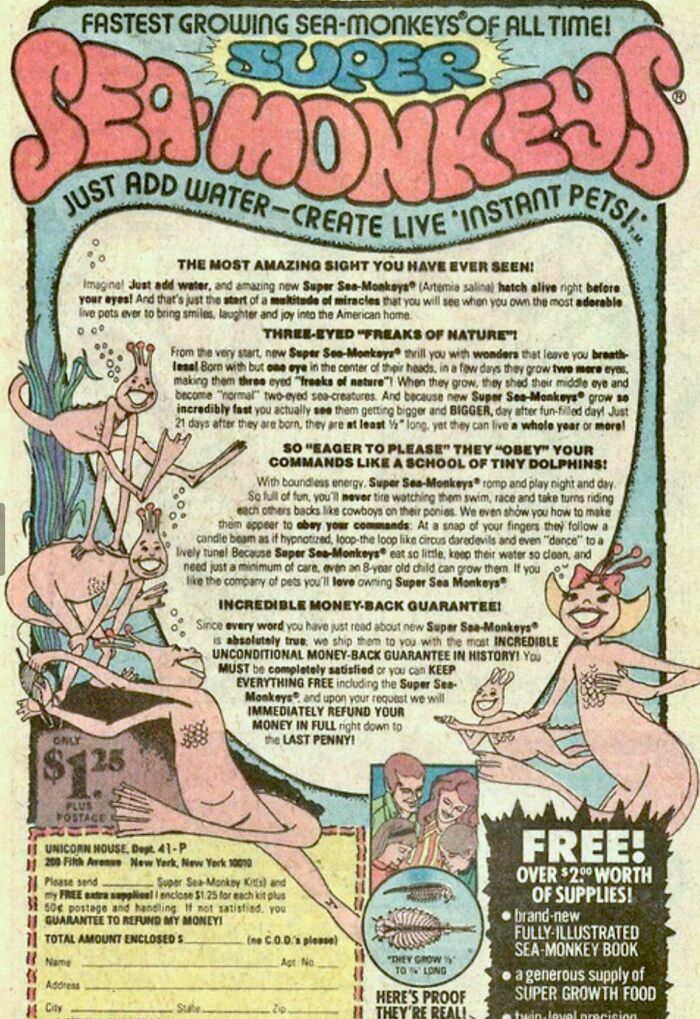 Vintage Super Sea-Monkeys advertisement with colorful cartoon characters promoting nostalgic instant pets and old age memories.