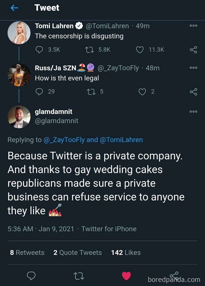 Twitter replies discussing consequences of actions in a debate about private companies refusing services and censorship.