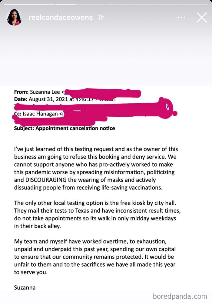 Email screenshot showing appointment cancelation notice highlighting actions meeting consequences by refusing service due to misinformation.