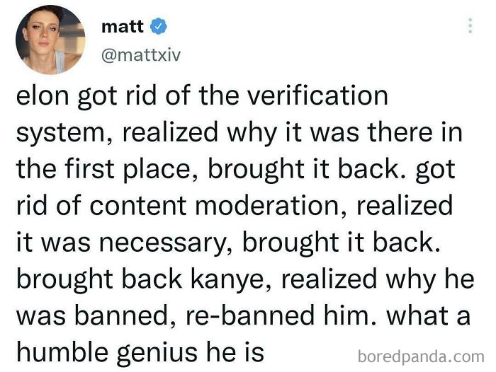 Tweet showing a user commenting on actions and consequences of changes to social media verification and moderation.