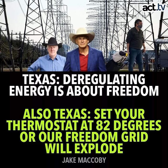 Two men in cowboy hats stand under power lines symbolizing actions meeting consequences in energy deregulation debates.