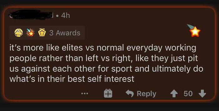 Screenshot of a social media comment discussing elites versus everyday people, highlighting actions and consequences.