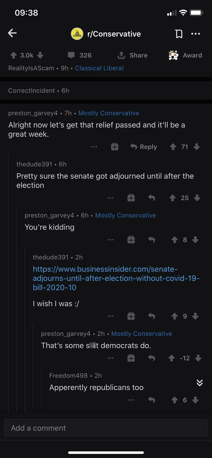 Reddit thread showing political debate with comments about senate adjournment and consequences of actions.
