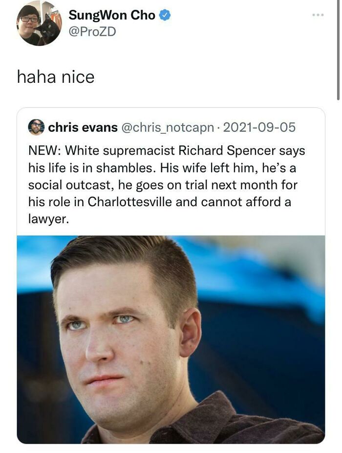 Twitter post about a white supremacist facing consequences, illustrating actions meeting consequences in a real-life scenario.