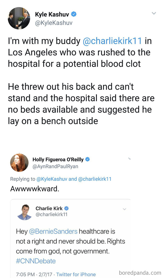 Tweet screenshots showing people facing consequences of their own actions in a confusing healthcare debate situation.