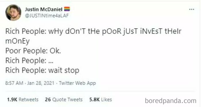 Tweet showing a humorous exchange highlighting actions and consequences when people walk into their own messes.