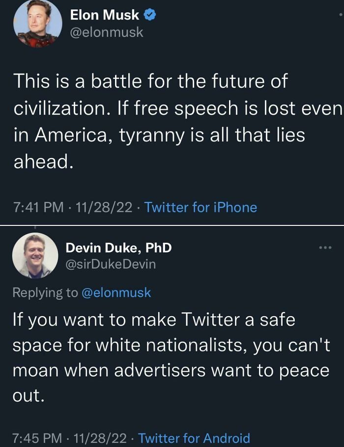 Screenshot of Twitter exchange showing actions and consequences between Elon Musk and Devin Duke discussing free speech and advertisers.