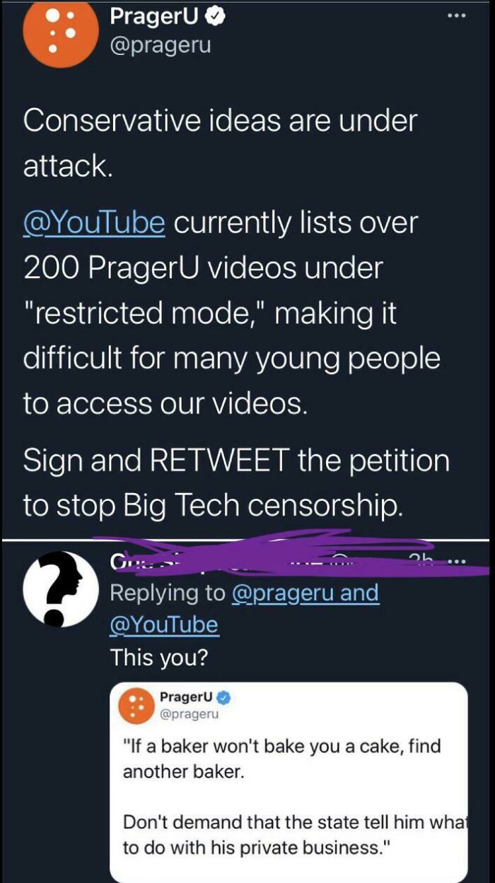 Tweet exchange showing a user calling out PragerU for walking into their own messes with censorship claims.