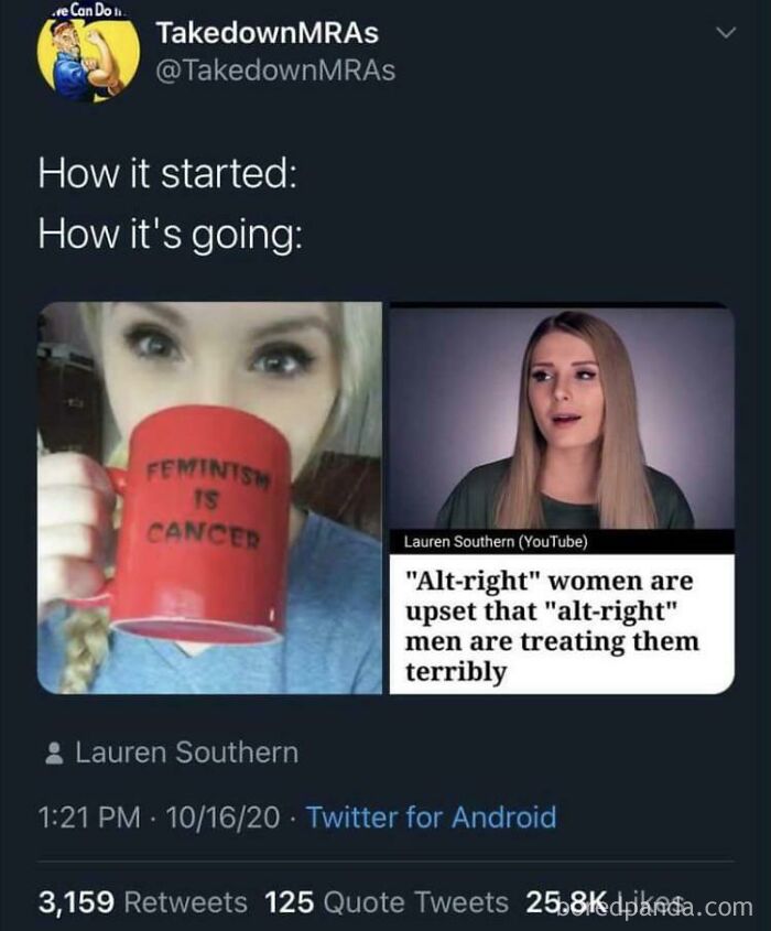 Meme showing how actions meet consequences with a woman holding a controversial mug and a related YouTube caption.