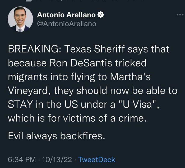 Tweet by Antonio Arellano discussing consequences of actions involving migrants and a Texas sheriff's statement on U Visas.