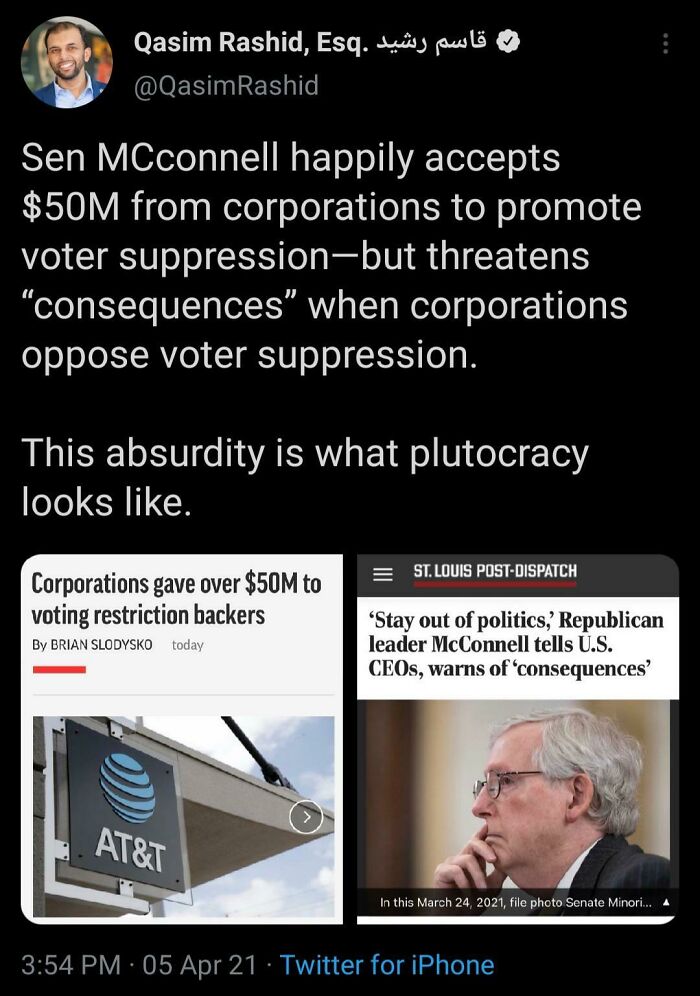 Tweet discussing voter suppression contributions and consequences, illustrating actions meeting consequences in politics.