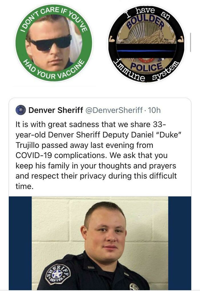Image showing social media icons about vaccine skepticism and a Denver Sheriff tribute for a deputy who died from COVID-19 consequences.