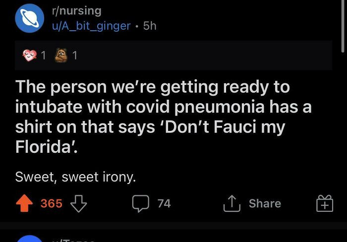 Reddit post about irony as a person with covid pneumonia wears a controversial shirt, illustrating actions meeting consequences.