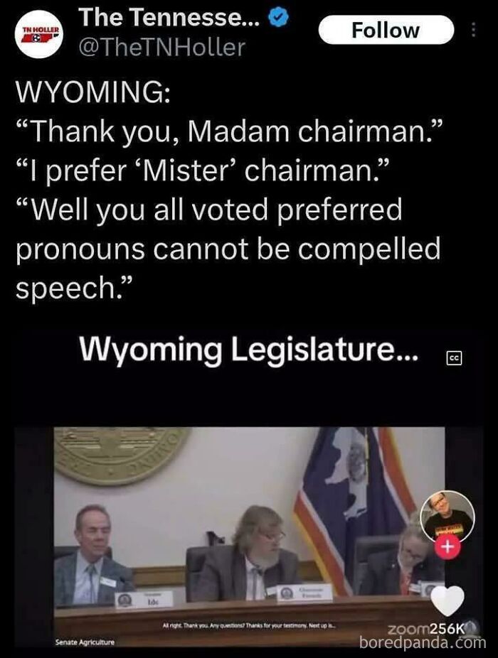 Tweet from The TN Holler about Wyoming Legislature discussing preferred pronouns, showing a legislative panel with Wyoming flag in background.