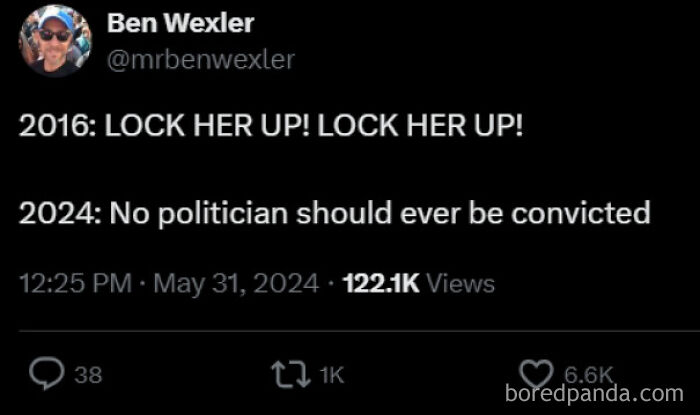 Tweet highlighting changing political views in 2016 versus 2024, showing actions and their consequences clearly.