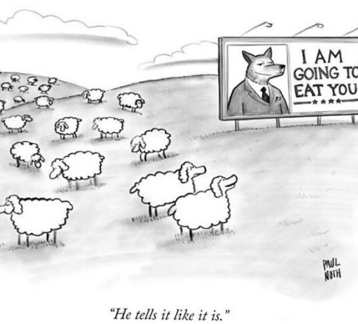 Sheep gathered near a billboard with a wolf saying I am going to eat you, illustrating actions meeting consequences.