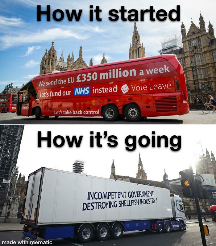 Red bus showing political message and truck criticizing government, illustrating actions meeting consequences meme.