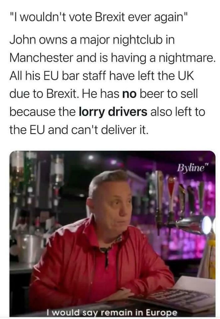 Man in a nightclub struggling with Brexit consequences as bar staff and lorry drivers leave, showing actions meet consequences.