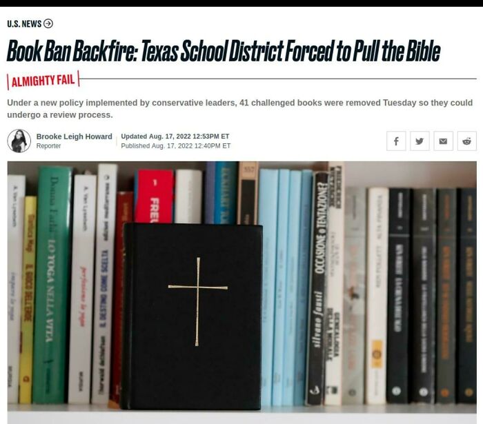 Book ban backfire showing a Bible among removed books, illustrating actions meeting consequences in censorship decisions.