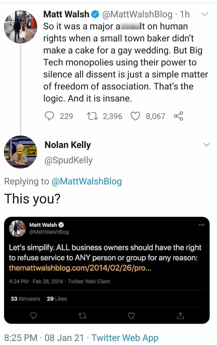 Twitter exchange showing someone accused of walking into their own mess by contradicting their earlier statements about business owners refusing service.