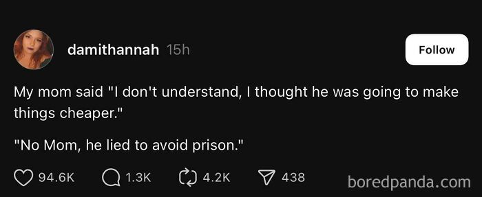 Screenshot of a social media post showing an example of actions meeting consequences with a humorous conversation.