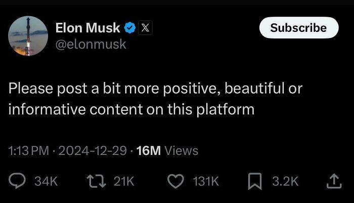 Elon Musk's tweet asking for more positive, beautiful, or informative content, illustrating actions meeting consequences.