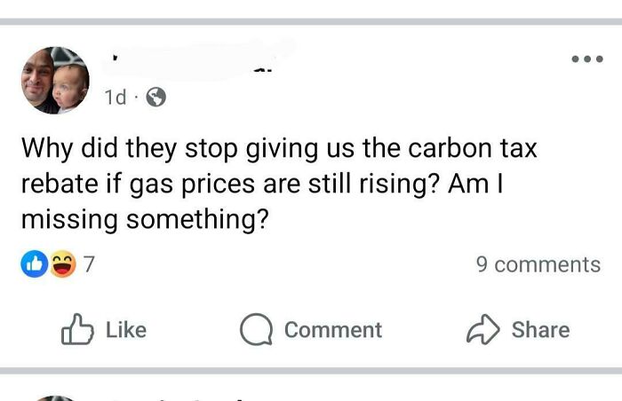 Social media post questioning carbon tax rebate while gas prices rise, illustrating actions meet consequences in everyday situations.