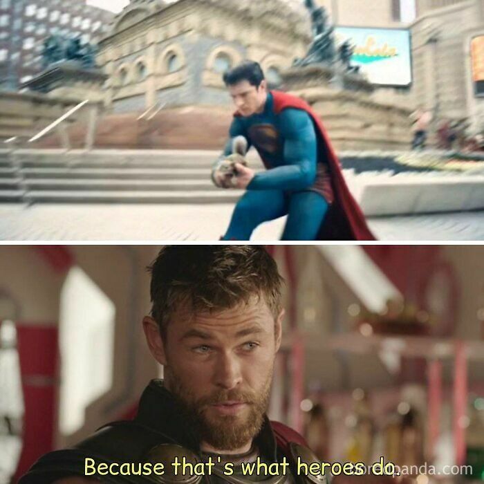 Superman crouching outdoors and Thor saying "Because that's what heroes do" in a Marvel memes compilation.