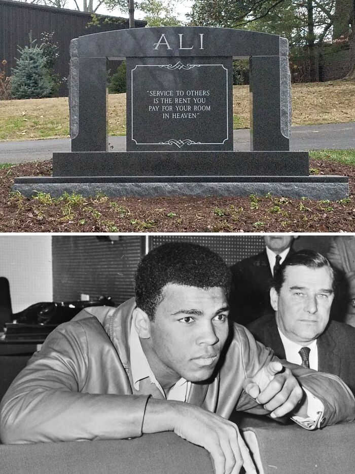 Grave of celebrity Ali with quote visible, and a vintage black and white photo of Ali during a public appearance.