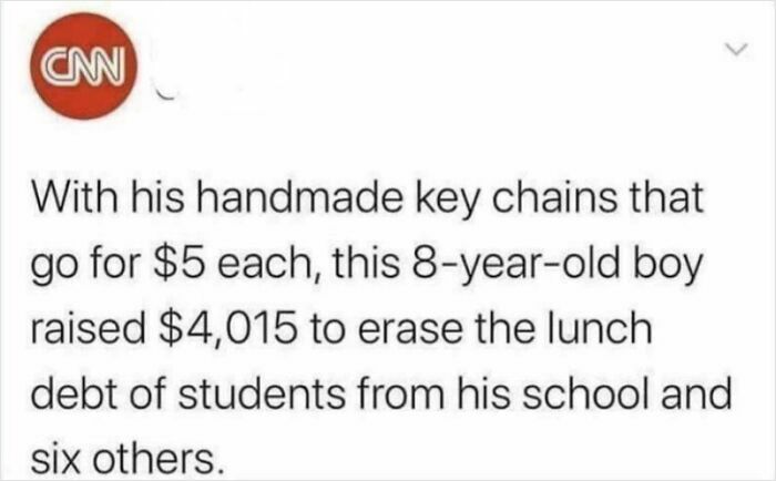 CNN text post about an 8-year-old boy raising over $4,000 to erase student lunch debt in the US.