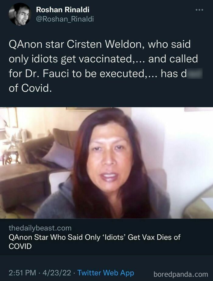 Tweet screenshot showing a woman with dark hair discussing consequences of actions in a COVID-related story.