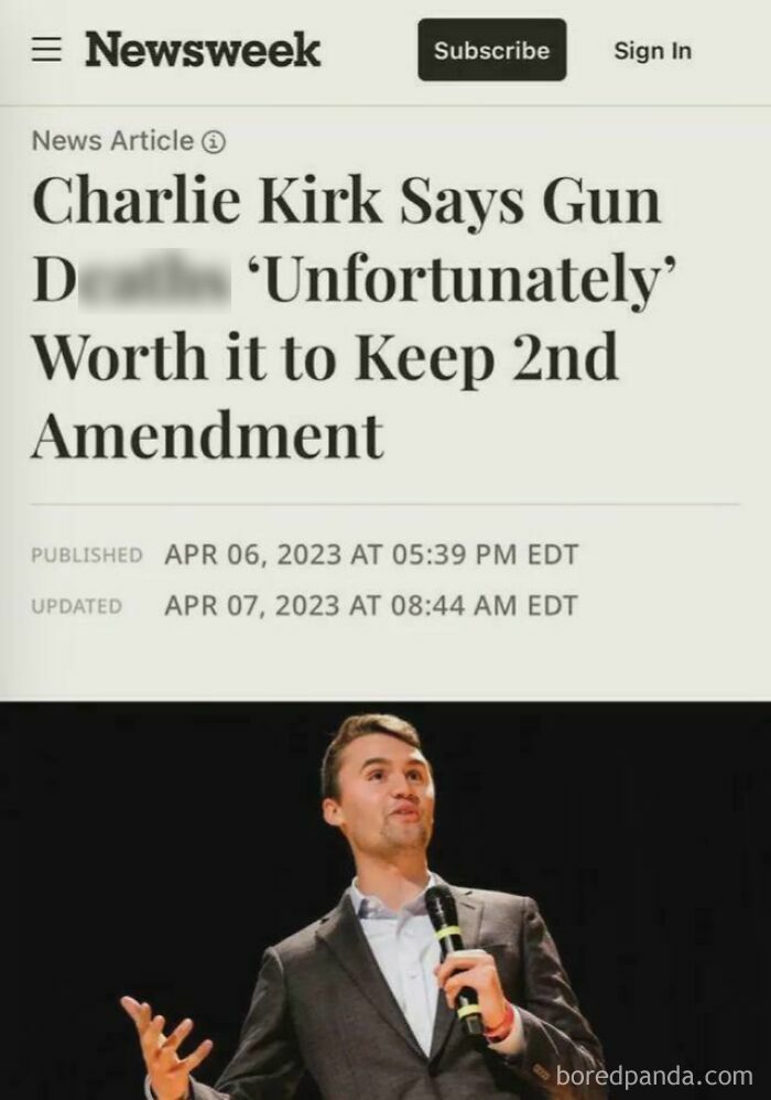 News article headline with man in suit holding microphone, illustrating actions meet consequences theme in public speaking.