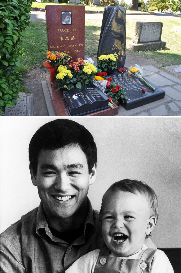 Gravesite of celebrity Bruce Lee adorned with flowers, a popular celebrity gravesite drawing visitors worldwide.