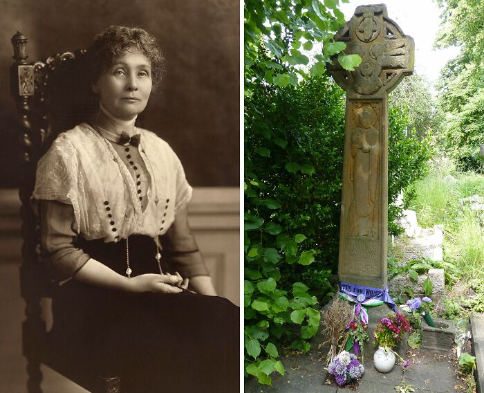 Sepia portrait of a woman beside a famous celebrity grave with flowers and greenery drawing visitors worldwide.