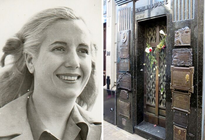 Black and white portrait of a smiling woman next to a famous celebrity grave with plaques and flowers attracting visitors.