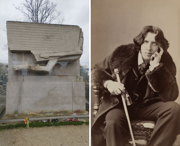 Oscar Wilde’s unique celebrity grave with winged angel sculpture, attracting visitors from around the world.