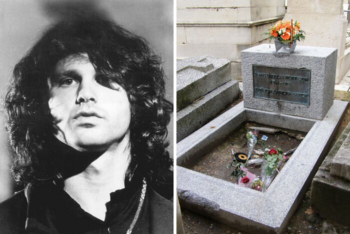 Black and white photo of a celebrity next to their grave adorned with flowers, a popular celebrity gravesite attracting visitors.
