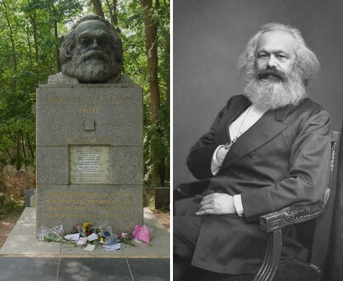 Grave of a famous celebrity philosopher with a stone monument and bust surrounded by flowers in a wooded cemetery.