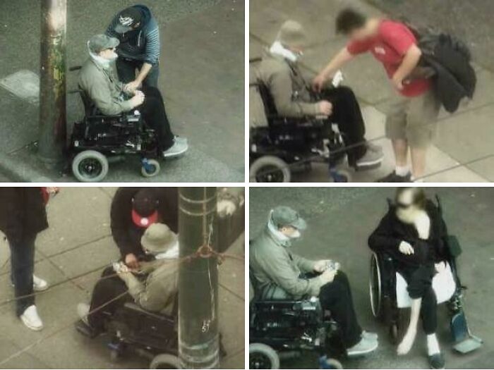 Various acts of kindness helping a man in a wheelchair, showcasing heartwarming stories and positivity.